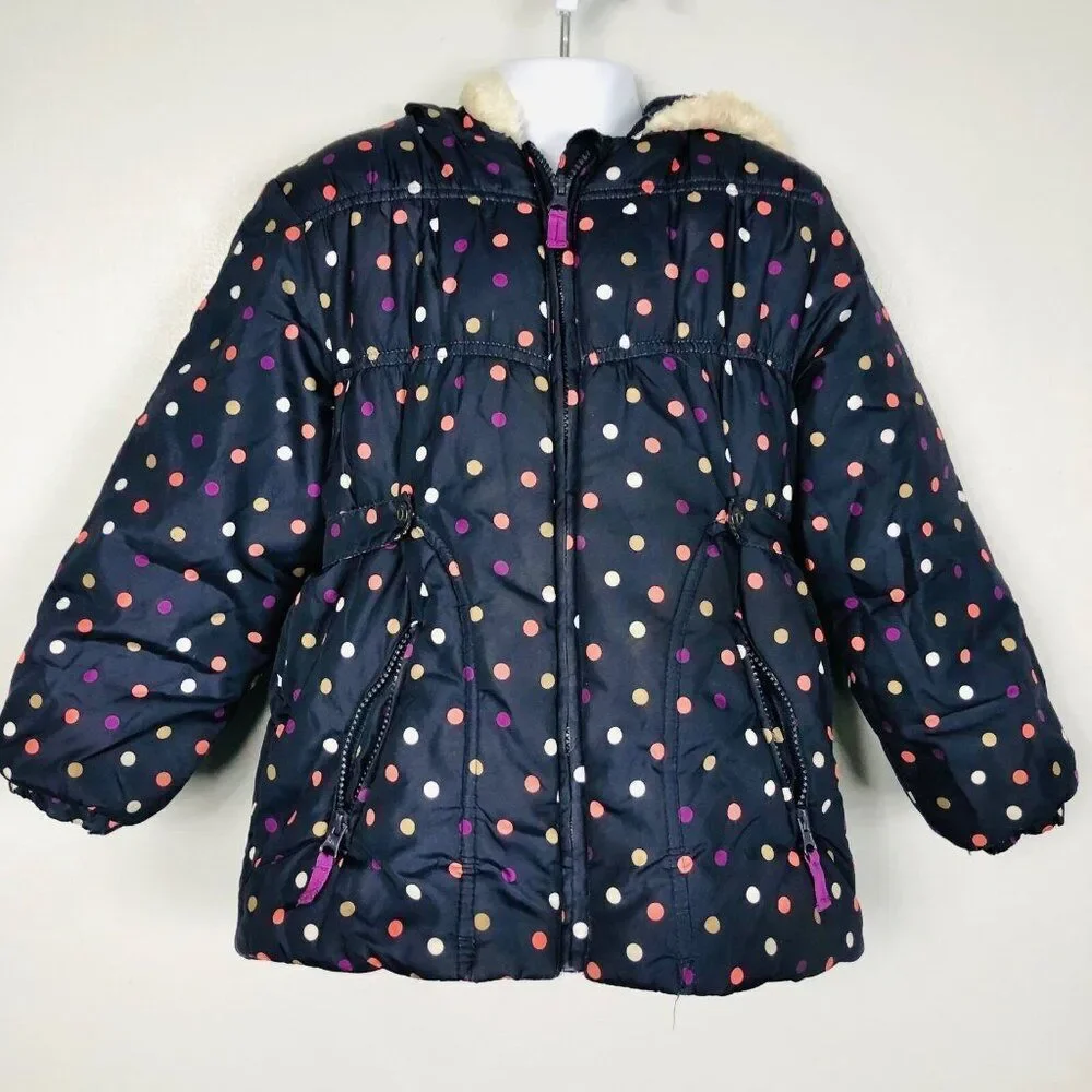 OshKosh B'Gosh Girls 6X Coat Navy Blue Multicolored Polka Dots Puffer Winter
